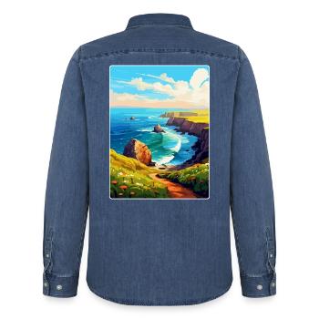 Lands End Cornouailles Angleterre Royaume-Uni Affiche de voyage WPA - Chemise en denim homme bio Stanley/Stella - bleu moyen délavé  - Dos - AI Model Male 185 light (185cm)