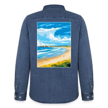 Portstewart Strand Ireland Uk Travel Poster WPA - Men’s Organic Denim Shirt by Stanley/Stella - mid washy  - Back - AI Model Male 185 light (185cm)