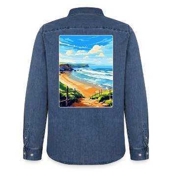 Perranporth Beach Angleterre Royaume-Uni Voyage Affiche WPA Art - Chemise en denim homme bio Stanley/Stella - bleu moyen délavé  - Dos - AI Model Male 185 light (185cm)