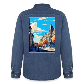 Harrogate Angleterre Royaume-Uni Affiche de voyage vintage WPA Art - Chemise en denim homme bio Stanley/Stella - bleu moyen délavé  - Dos - AI Model Male 185 light (185cm)