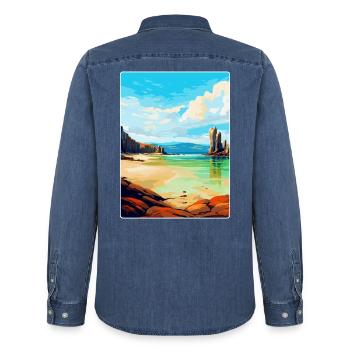 Isle Of Lewis Schottland Vereinigtes Königreich Vintage Reiseposter - Männer Jeanshemd Organic von Stanley/Stella - verwaschenes Mittelblau  - Hinten - AI Model Male 185 light (185cm)