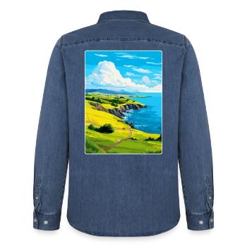 Isle Of Seil Schottland UK Vintage Reiseposter WPA - Männer Jeanshemd Organic von Stanley/Stella - verwaschenes Mittelblau  - Hinten - AI Model Male 185 light (185cm)