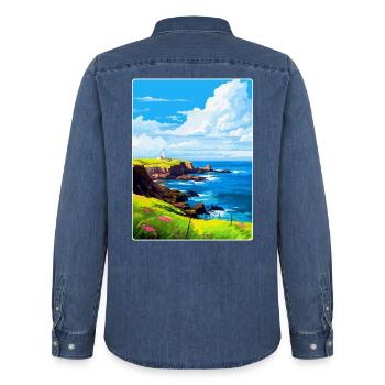 Lizard Point England Uk Vintage Reiseposter WPA - Männer Jeanshemd Organic von Stanley/Stella - verwaschenes Mittelblau  - Hinten - AI Model Male 185 light (185cm)