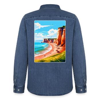 Torquay Cliffs England Uk Vintage Reiseposter - Männer Jeanshemd Organic von Stanley/Stella - verwaschenes Mittelblau  - Hinten - AI Model Male 185 light (185cm)
