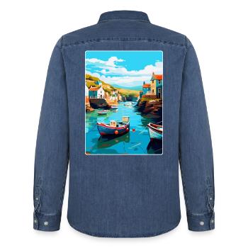 Port Issac England Uk Vintage Reiseposter WPA - Männer Jeanshemd Organic von Stanley/Stella - verwaschenes Mittelblau  - Hinten - AI Model Male 185 light (185cm)
