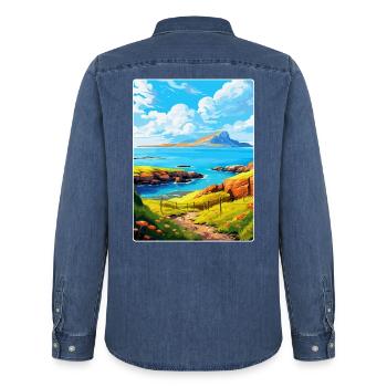 Isle Of Rum Schottland UK Vintage Reiseposter WPA - Männer Jeanshemd Organic von Stanley/Stella - verwaschenes Mittelblau  - Hinten - AI Model Male 185 light (185cm)