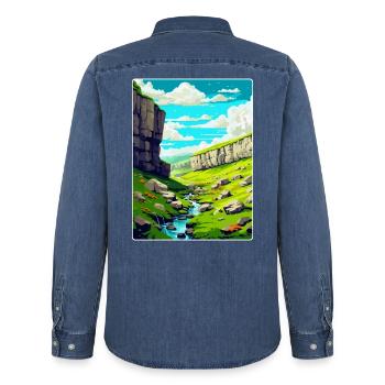 Malham Cove England Uk Vintage Reiseposter WPA - Männer Jeanshemd Organic von Stanley/Stella - verwaschenes Mittelblau  - Hinten - AI Model Male 185 light (185cm)