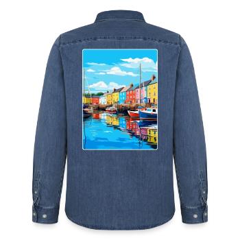 Plymouth England Uk Vintage Reiseplakat Souvenir - Männer Jeanshemd Organic von Stanley/Stella - verwaschenes Mittelblau  - Hinten - AI Model Male 185 light (185cm)