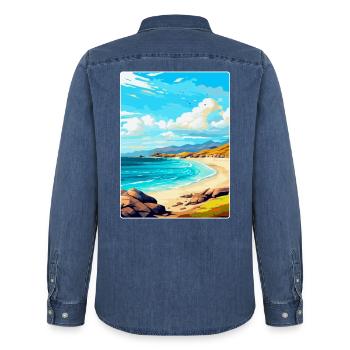 Île de Harris, Écosse, Royaume-Uni, Affiche de voyage vintage - Chemise en denim homme bio Stanley/Stella - bleu moyen délavé  - Dos - AI Model Male 185 light (185cm)