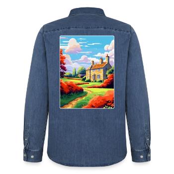 Cotswolds Angleterre Royaume-Uni Affiche de voyage vintage WPA Art - Chemise en denim homme bio Stanley/Stella - bleu moyen délavé  - Dos - AI Model Male 185 light (185cm)