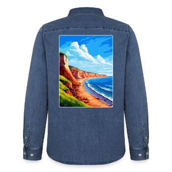 Torquay Cliffs England Uk Vintage Reiseposter - Männer Jeanshemd Organic von Stanley/Stella - verwaschenes Mittelblau  - Hinten - AI Model Male 185 light (185cm)