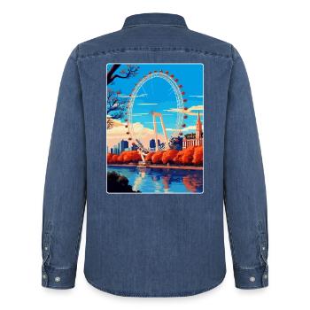 London Eye England Uk Vintage Reiseposter WPA - Männer Jeanshemd Organic von Stanley/Stella - verwaschenes Mittelblau  - Hinten - AI Model Male 185 light (185cm)