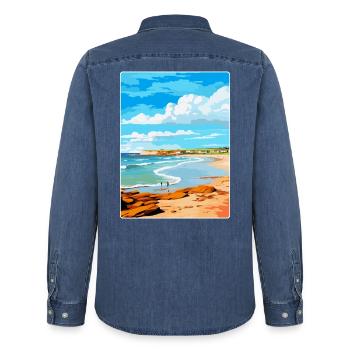Porthcawl Bay Uk Affiche de voyage vintage souvenir - Chemise en denim homme bio Stanley/Stella - bleu moyen délavé  - Dos - AI Model Male 185 light (185cm)