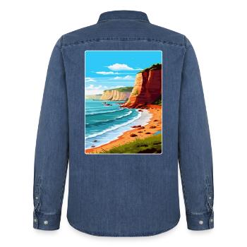 Torquay Cliffs England Uk Vintage Reiseposter - Männer Jeanshemd Organic von Stanley/Stella - verwaschenes Mittelblau  - Hinten - AI Model Male 185 light (185cm)