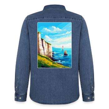 Beachy Head Sussex Vintage Reiseposter Souvenir - Männer Jeanshemd Organic von Stanley/Stella - verwaschenes Mittelblau  - Hinten - AI Model Male 185 light (185cm)