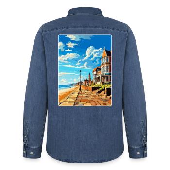 Herne Bay Angleterre Royaume-Uni Affiche de voyage vintage WPA Art - Chemise en denim homme bio Stanley/Stella - bleu moyen délavé  - Dos - AI Model Male 185 light (185cm)
