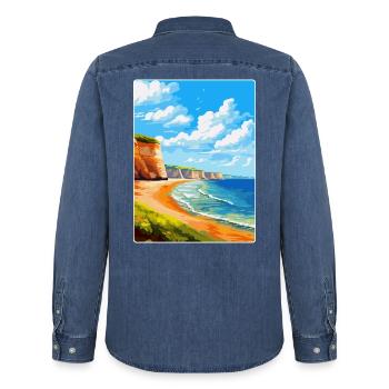 Torquay Cliffs England Uk Vintage Reiseposter - Männer Jeanshemd Organic von Stanley/Stella - verwaschenes Mittelblau  - Hinten - AI Model Male 185 light (185cm)