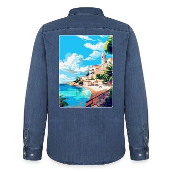 Estoril Portugal Vintage Reiseplakat Souvenir - Männer Jeanshemd Organic von Stanley/Stella - verwaschenes Mittelblau  - Hinten - AI Model Male 185 light (185cm)