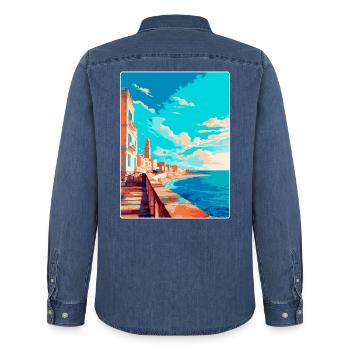 Cadix Espagne Affiche de voyage vintage WPA Art Souvenir - Chemise en denim homme bio Stanley/Stella - bleu moyen délavé  - Dos - AI Model Male 185 light (185cm)