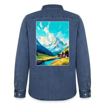 Lech Autriche Affiche de voyage vintage WPA Souvenir - Chemise en denim homme bio Stanley/Stella - bleu moyen délavé  - Dos - AI Model Male 185 light (185cm)