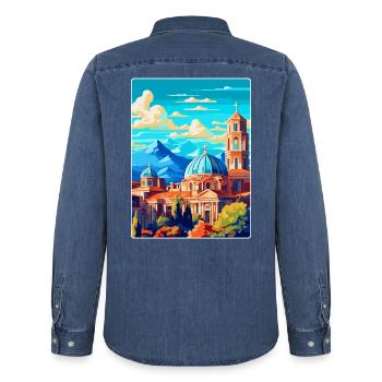 Sofia Bulgaria Vintage Travel Poster Souvenir WPA - Men’s Organic Denim Shirt by Stanley/Stella - mid washy  - Back - AI Model Male 185 light (185cm)