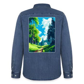 Affiche de voyage vintage des bois de Vienne en Autriche Art WPA - Chemise en denim homme bio Stanley/Stella - bleu moyen délavé  - Dos - AI Model Male 185 light (185cm)