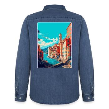 Gênes Italie Affiche de voyage vintage WPA Art Souvenir - Chemise en denim homme bio Stanley/Stella - bleu moyen délavé  - Dos - AI Model Male 185 light (185cm)