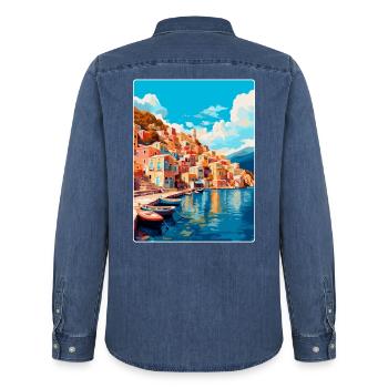 Symi Grèce Affiche de voyage vintage WPA Art Souvenir - Chemise en denim homme bio Stanley/Stella - bleu moyen délavé  - Dos - AI Model Male 185 light (185cm)