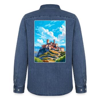 Avila Espagne Affiche de voyage vintage WPA Art Souvenir - Chemise en denim homme bio Stanley/Stella - bleu moyen délavé  - Dos - AI Model Male 185 light (185cm)