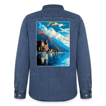 Montreux Suisse Affiche de voyage vintage WPA Art - Chemise en denim homme bio Stanley/Stella - bleu moyen délavé  - Dos - AI Model Male 185 light (185cm)