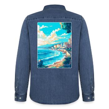Nice France Vintage Poster Voyage WPA Art Souvenir - Chemise en denim homme bio Stanley/Stella - bleu moyen délavé  - Dos - AI Model Male 185 light (185cm)