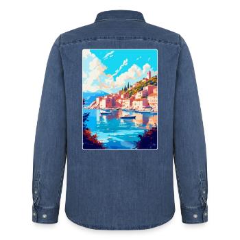 Hvar Kroatien Vintage Reiseposter WPA Souvenir - Männer Jeanshemd Organic von Stanley/Stella - verwaschenes Mittelblau  - Hinten - AI Model Male 185 light (185cm)