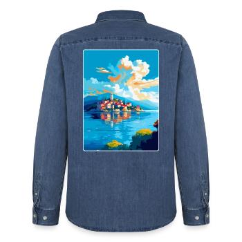 Ciovo Insel Kroatien Vintage Reise Poster WPA Kunst - Männer Jeanshemd Organic von Stanley/Stella - verwaschenes Mittelblau  - Hinten - AI Model Male 185 light (185cm)