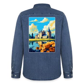 Vallée de la Loire France Affiche de voyage vintage souvenir - Chemise en denim homme bio Stanley/Stella - bleu moyen délavé  - Dos - AI Model Male 185 light (185cm)
