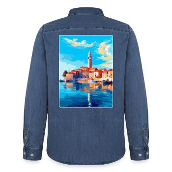 Vodice Kroatien Vintage Reiseplakat Souvenir WPA - Männer Jeanshemd Organic von Stanley/Stella - verwaschenes Mittelblau  - Hinten - AI Model Male 185 light (185cm)