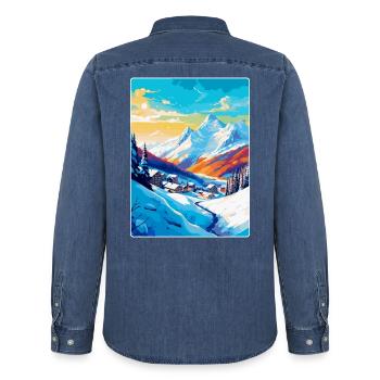 Les Arcs France Affiche de voyage vintage Souvenir WPA - Chemise en denim homme bio Stanley/Stella - bleu moyen délavé  - Dos - AI Model Male 185 light (185cm)