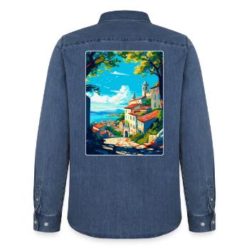 Viana Italie Affiche de voyage vintage WPA Art Souvenir - Chemise en denim homme bio Stanley/Stella - bleu moyen délavé  - Dos - AI Model Male 185 light (185cm)