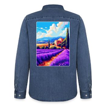 Provence France Affiche de voyage vintage Souvenir WPA - Chemise en denim homme bio Stanley/Stella - bleu moyen délavé  - Dos - AI Model Male 185 light (185cm)