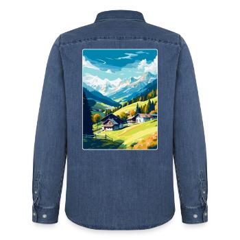 Zell am Ziller Österreich Vintage Reiseposter WPA - Männer Jeanshemd Organic von Stanley/Stella - verwaschenes Mittelblau  - Hinten - AI Model Male 185 light (185cm)