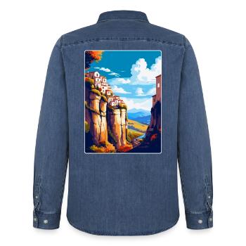 Ronda Espagne Affiche de voyage vintage WPA Art Souvenir - Chemise en denim homme bio Stanley/Stella - bleu moyen délavé  - Dos - AI Model Male 185 light (185cm)