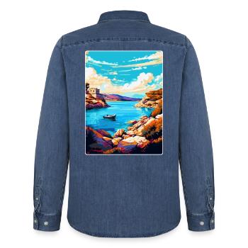 Kornati Kroatien Vintage Reiseplakat Souvenir WPA - Männer Jeanshemd Organic von Stanley/Stella - verwaschenes Mittelblau  - Hinten - AI Model Male 185 light (185cm)