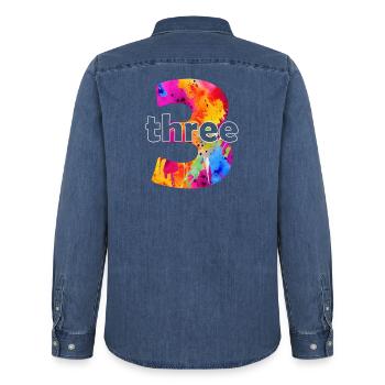 THREE 3 YEAR BOY 3RD BIRTHDAY - Men’s Organic Denim Shirt by Stanley/Stella - mid washy  - Back - AI Model Male 185 light (185cm)