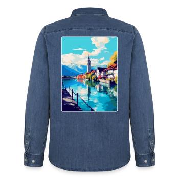 Thun Schweiz Vintage Reiseplakat Souvenir - Männer Jeanshemd Organic von Stanley/Stella - verwaschenes Mittelblau  - Hinten - AI Model Male 185 light (185cm)
