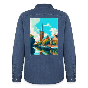 Affiche de voyage vintage de Lübeck Allemagne Souvenir WPA - Chemise en denim homme bio Stanley/Stella - bleu moyen délavé  - Dos - AI Model Male 185 light (185cm)