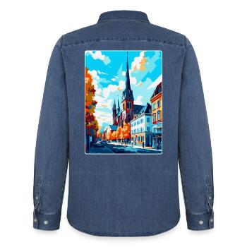 Darmstadt Deutschland Vintage Reiseplakat Souvenir - Männer Jeanshemd Organic von Stanley/Stella - verwaschenes Mittelblau  - Hinten - AI Model Male 185 light (185cm)
