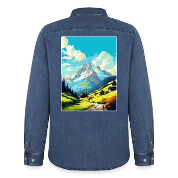 Reutte Autriche Affiche de voyage vintage souvenir WPA - Chemise en denim homme bio Stanley/Stella - bleu moyen délavé  - Dos - AI Model Male 185 light (185cm)