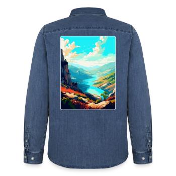 Geres Nationalpark Portugal Vintage Reiseplakat - Männer Jeanshemd Organic von Stanley/Stella - verwaschenes Mittelblau  - Hinten - AI Model Male 185 light (185cm)