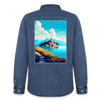 Visovac Kroatien Vintage Reiseplakat Souvenir WPA - Männer Jeanshemd Organic von Stanley/Stella - verwaschenes Mittelblau  - Hinten - AI Model Male 185 light (185cm)