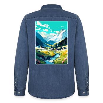 Arosa Suisse Affiche de voyage vintage souvenir - Chemise en denim homme bio Stanley/Stella - bleu moyen délavé  - Dos - AI Model Male 185 light (185cm)