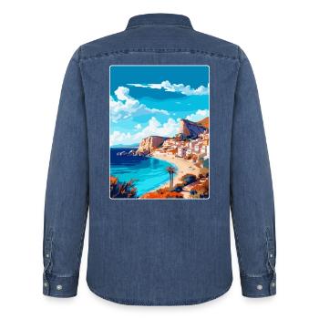 Costa Blanca Spanien Vintage Reise Poster Souvenir - Männer Jeanshemd Organic von Stanley/Stella - verwaschenes Mittelblau  - Hinten - AI Model Male 185 light (185cm)